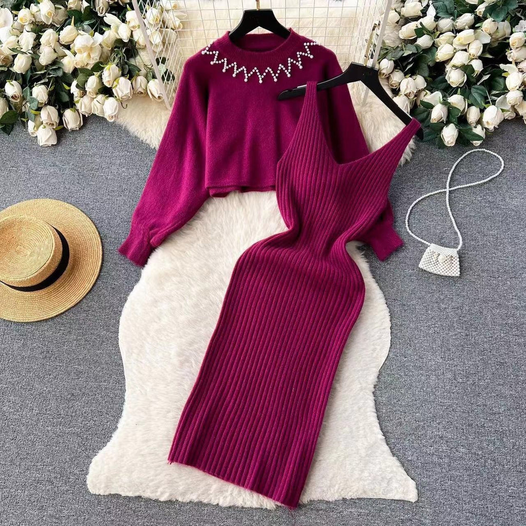 Round Neck Bead Women's Sweater High Waist Knit Dress Suit