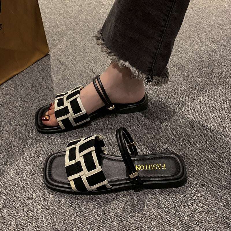 Square Toe Sandals Women's Canvas Check Pattern Flat Sandals