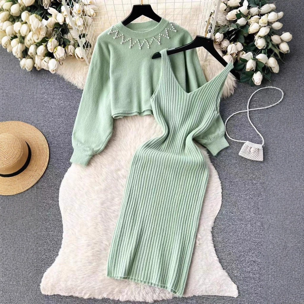 Round Neck Bead Women's Sweater High Waist Knit Dress Suit