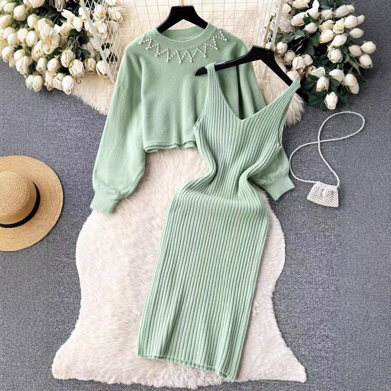 Round Neck Bead Women's Sweater High Waist Knit Dress Suit