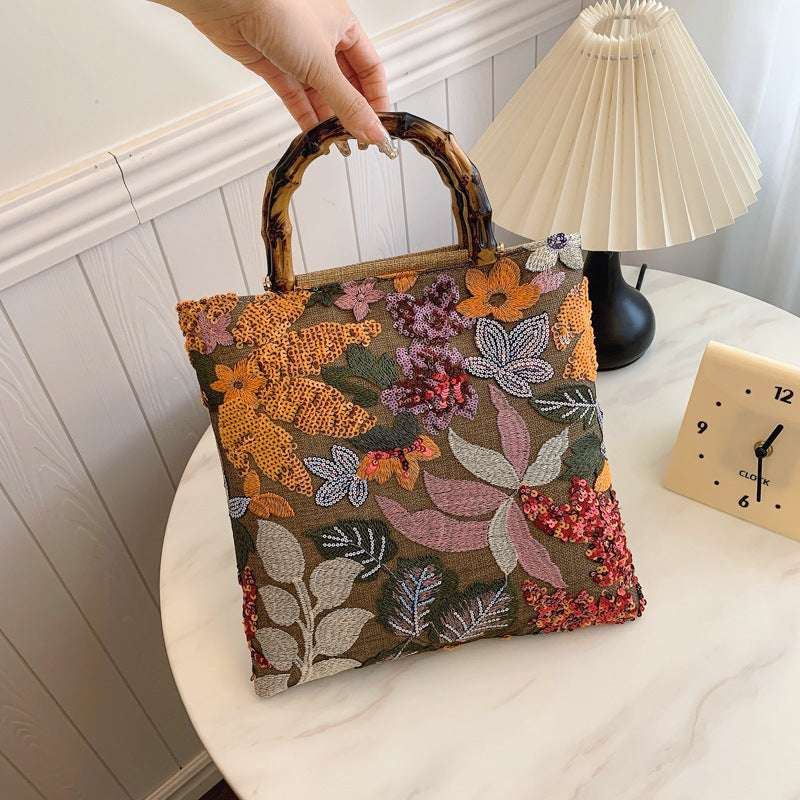 Vintage Embroidered Bamboo Handbag