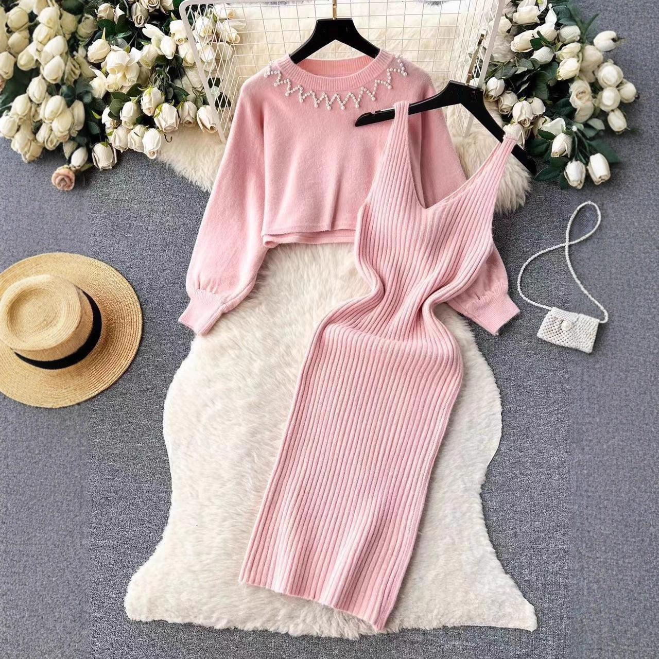 Round Neck Bead Women's Sweater High Waist Knit Dress Suit