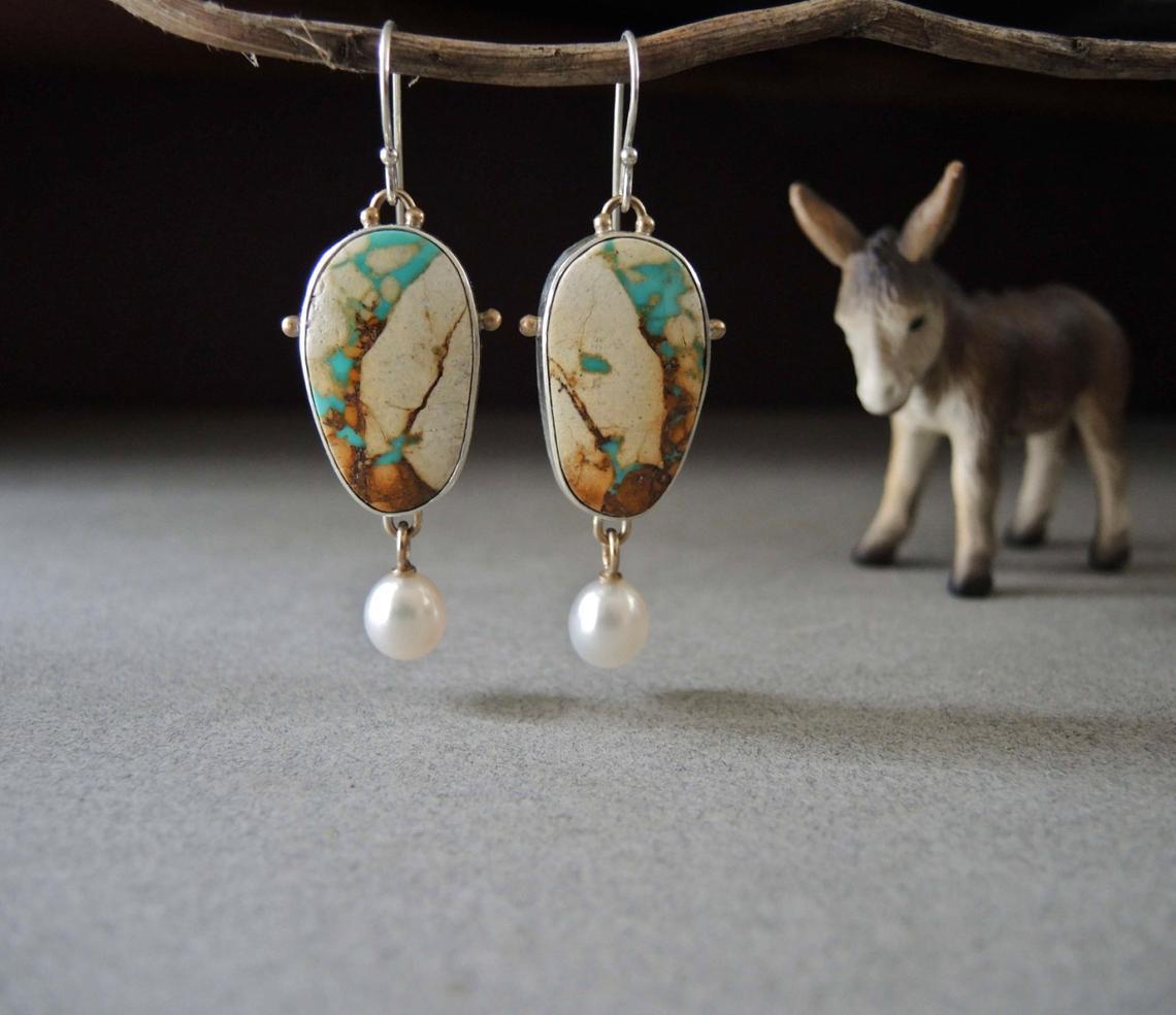 Vintage Colored Turquoise And Pearl Drop Pendant Earrings