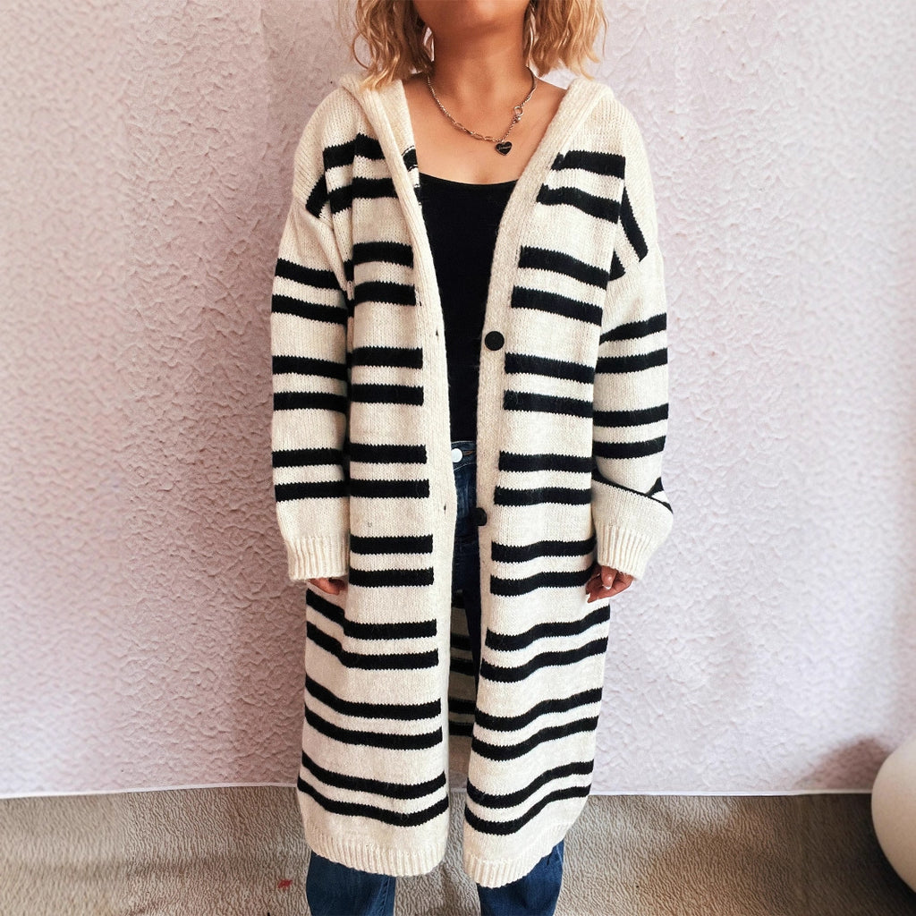 Hooded Color Contrast Striped Retro Casual Loose Sweater