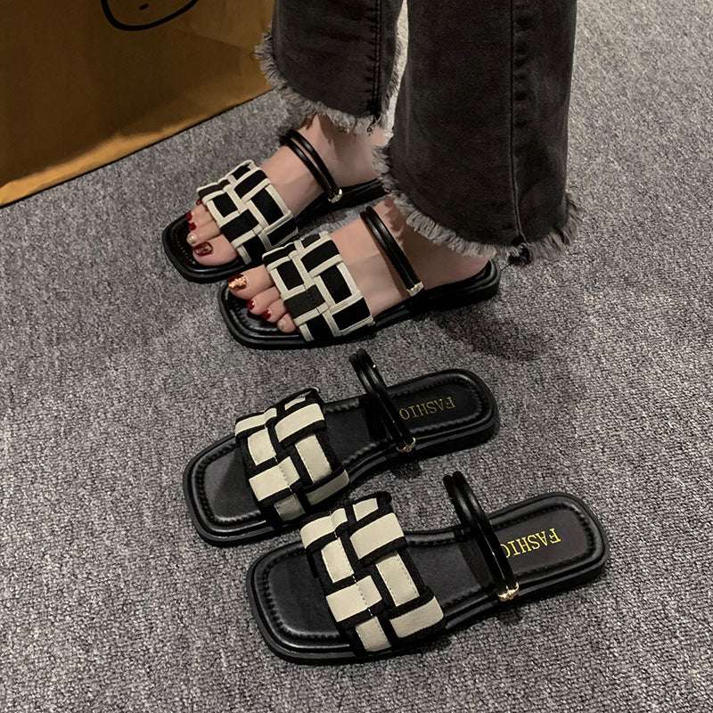 Square Toe Sandals Women's Canvas Check Pattern Flat Sandals