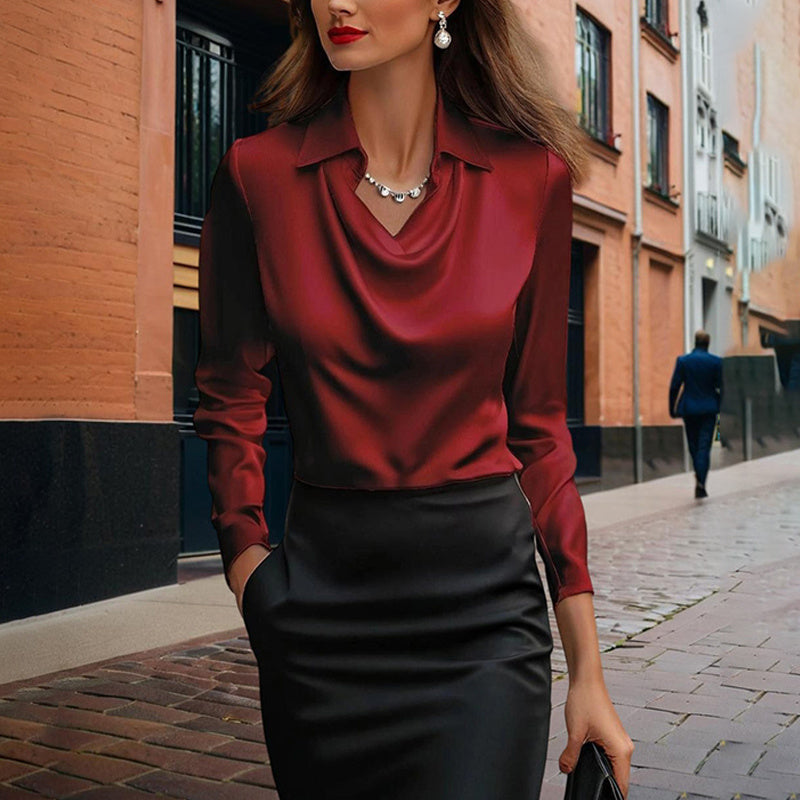 Women's Elegant Long Sleeve Blouse - Solid Color Lapel Top With Ruched Chest Detail Office & Casual Wear For Spring Fall